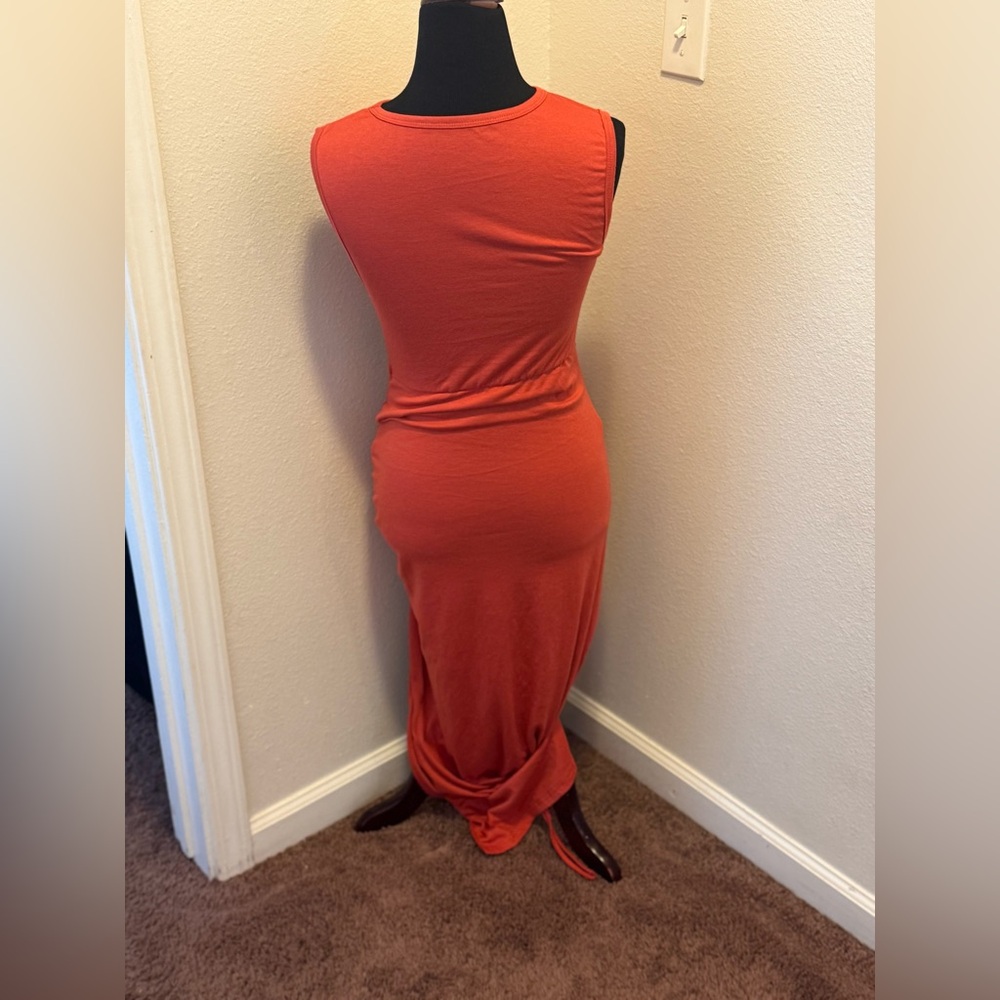 2 FOR $25 Orange Cut Out Knot Front Ruched Midi Dress Stretchy Size S M - Picture 4 of 8